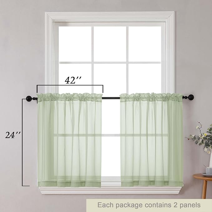 Kitchen Curtains 24 Inch Length Tier 2 Pieces, Light Green Sheer Curtain Solid - Image 2