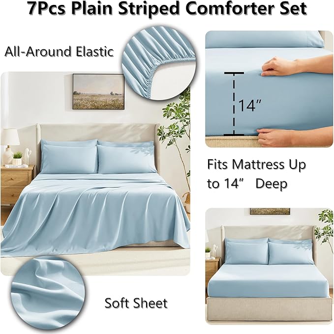 CozyLux Queen Comforter Set Light Blue, 7 Pieces Bed in a Bag, Blue Comforter Queen Size, All Season Bedding Sets with Stitch Quilted Comforter, Flat Sheet, Fitted Sheet, Pillowcases
