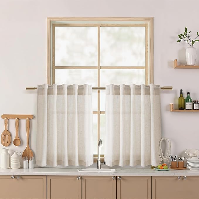 Beige Linen Curtains for Kitchen Windows Over Sink by Nanspring