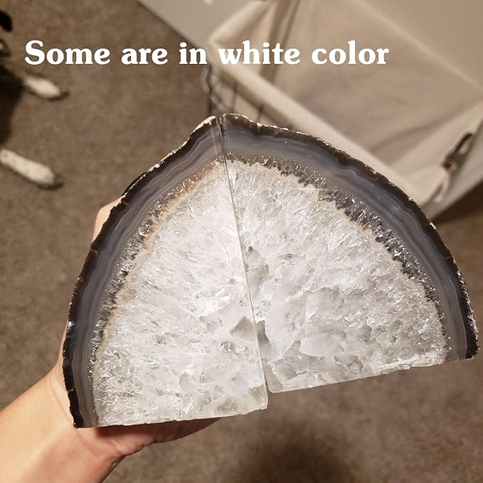 AMOYSTONE Agate Geode Bookends Decorative Crystal Stone Book Ends Heavy Duty Home Office Decor Nature Brown with Rubber Bumpers(1 Pair, 6-8 LBS)