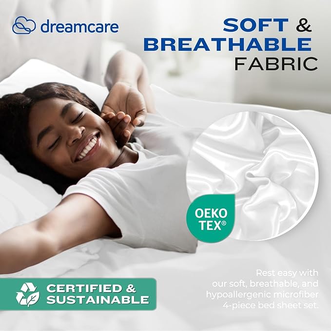 DREAMCARE California King Sheet Sets - Cooling Bed Sheets - 4pcs Set - up to 15" Deep Pocket Cal King Sheets - California King Sheets - Soft & Lasting 100% Brushed Polyester with Side Pocket - White