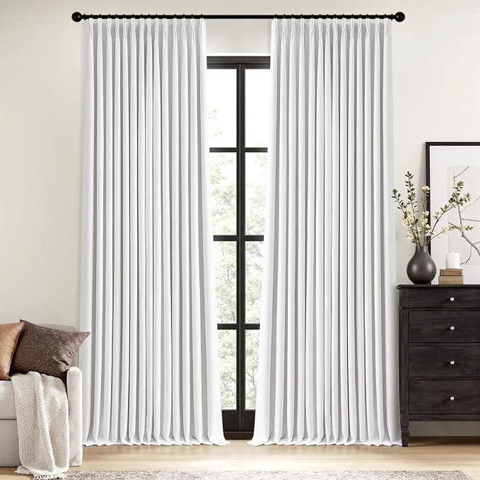 MIULEE White Pinch Pleated 100% Blackout Linen Curtains 40x84 Inches | Room by MIULEE