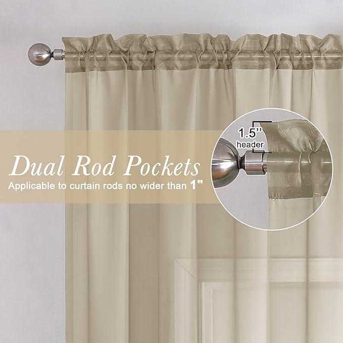 Taupe Sheer Curtains 72 Inch Length 2 Panels, Light Filtering Soft Solid Voile - Image 2