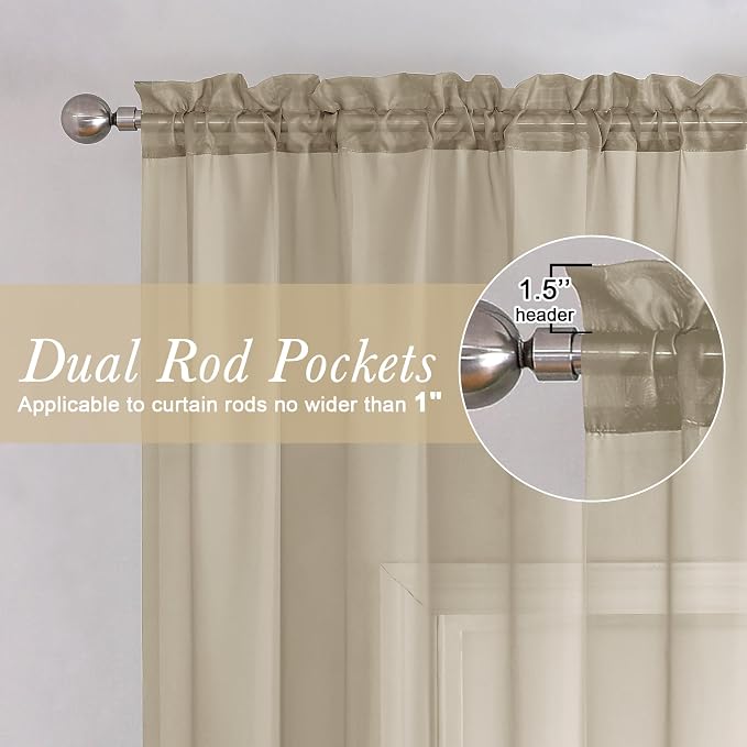 Taupe Sheer Curtains 84 Inches Long 2 Panels, Light Filtering Solid Voile Sheer - Image 2