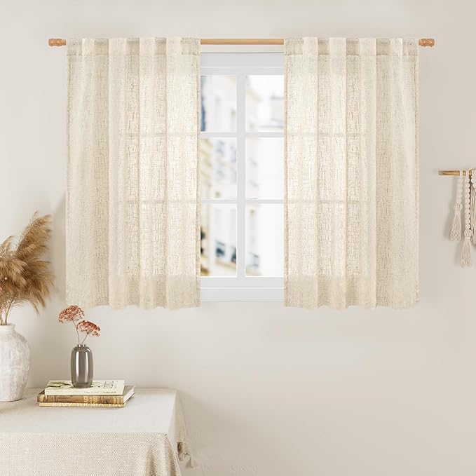 Short Linen Window Curtains 40 Inch Length 2 Panels, 34 x 40 Inch | Beige by LAMIT