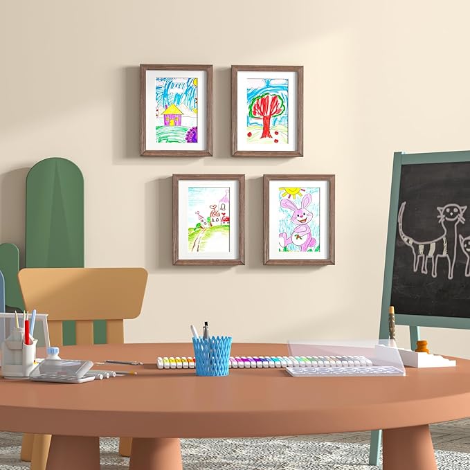 KINLINK 8.5x11 Kids Art Frames Set of 2, Solid Wood Kids Artwork Frames Changeable with Acrylic Front Opening Holds 150 Pictures, Art Frame for Kids Artwork with Mat or without Mat, Brown Wood