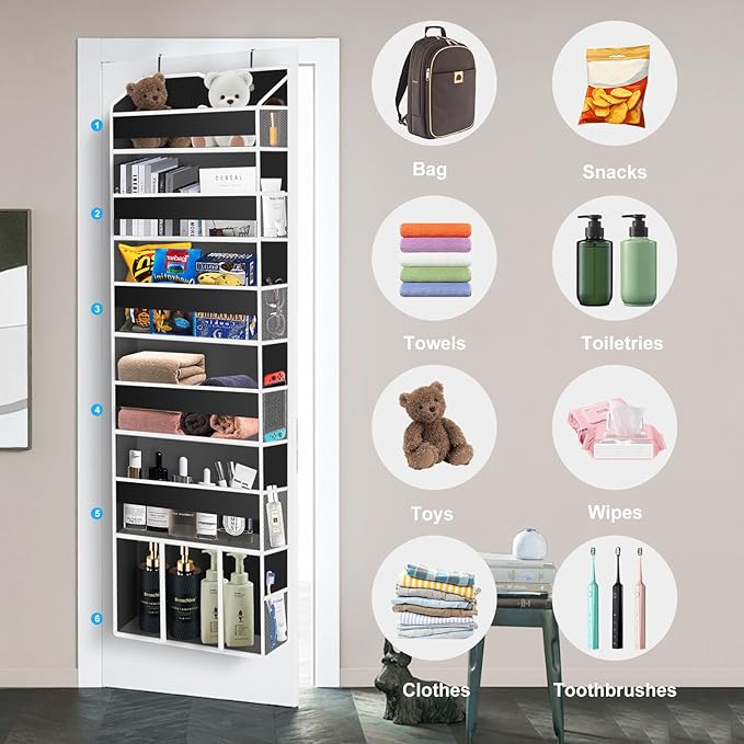 Over The Door Organizer Closet,6 Bins 12 Side Pockets,Hanging Organizer,Anti Tilt 50 lbs Load Organizers and Storage with Clear Window for Bedroom,Nursery,Rv,Bathroom,Camper(Black)