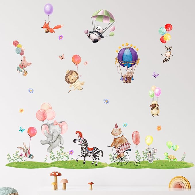 Jungle Animal Wall Stickers Forest Safari Wall Decals Kid Room Nursery Baby Bedroom Décor (Animal Balloon)