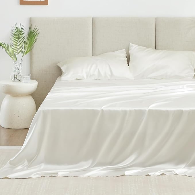 Love's cabin Twin XL Satin Sheet Sets - 3 Piece Ivory Silky Bed Sheets with Deep Pockets, Luxury Silk Feel Satin Sheet Set Twin XL (1 Flat Sheet,1 Fitted Sheet,1 Pillow case)
