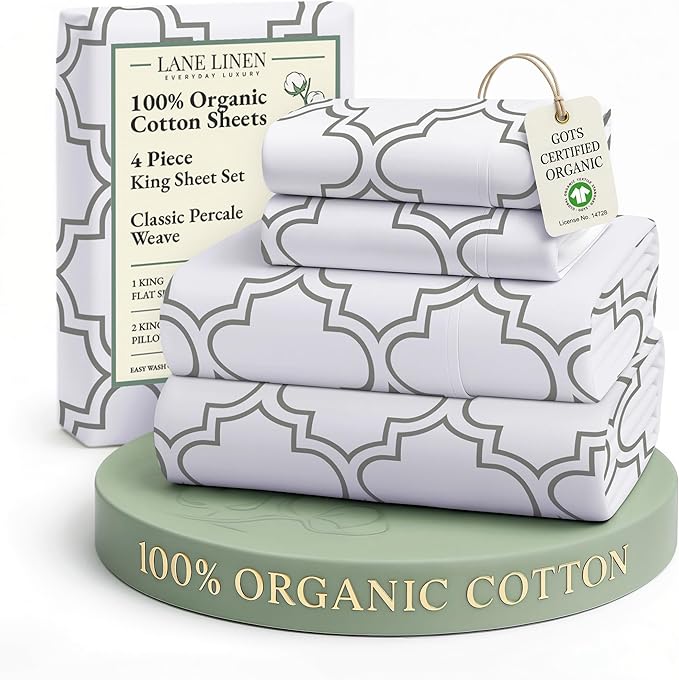 LANE LINEN 100% Organic Cotton King Size Bedding Sets, Soft & Comfy Percale Sheets, Breathable Luxury Hotel Low Pill Fade Resistant Printed Cotton Sheets,15" Deep Pocket King Sheet Set - Trellis