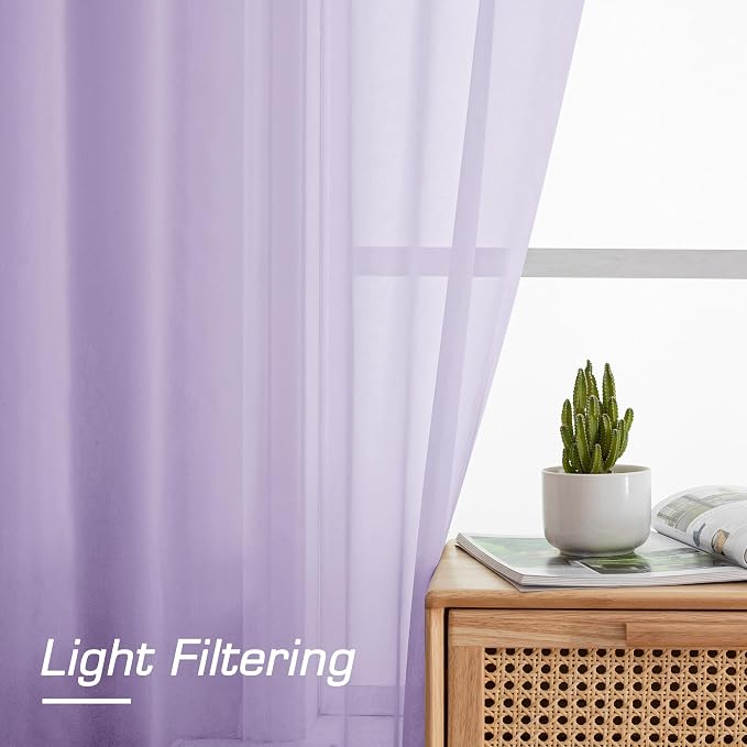 Light Purple Sheer Curtains 63 inch Length 2 Panels Set, Rod Pocket Light - Image 2
