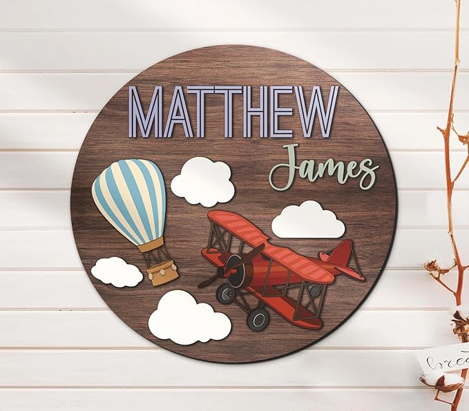 Custom Vintage Airplane Kid Name Sign, Personalized 3D Wooden Nursery Sign, Door Hanger Kids Room, Kids Name Sign Gifts for Baby Boy Girls, Baby Room Door Signs, Kids Bedroom Decor