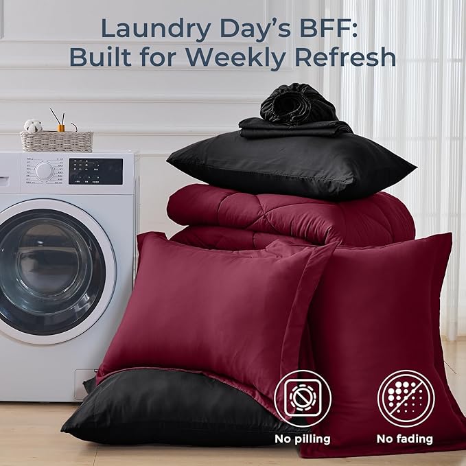 HEVUMYI Red & Black Full Comforter Set - 7-Piece All Season Bed in a Bag Full, Ultra Soft Burgundy Bedding Set with Comforter, Flat Sheet, Fitted Sheet, Pillowcases, Pillow Shams, Burgundy Red & Black