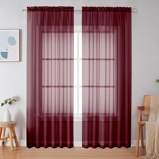 Simplebrand Burgundy Red Sheer Curtains 84 Inches Long, Light Filtering Rod by Simplebrand