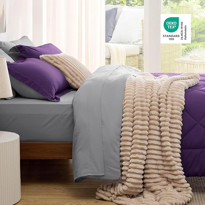 Bedsure California King Comforter Set - 7 Pieces Reversible Purple Bedding, California King Size Bed Set for All Seasons, Bed in a Bag with Down Alternative Comforter, Sheets, Pillowcases & Shams