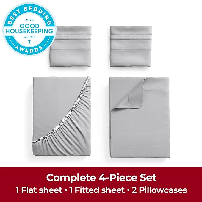 Mellanni Extra Deep California King Sheets - 4 PC Iconic Collection Bedding - Hotel Luxury, Ultra Soft, Cooling Bed Sheets - Wrinkle, Fade, Stain Resistant (Cal King, Light Gray)