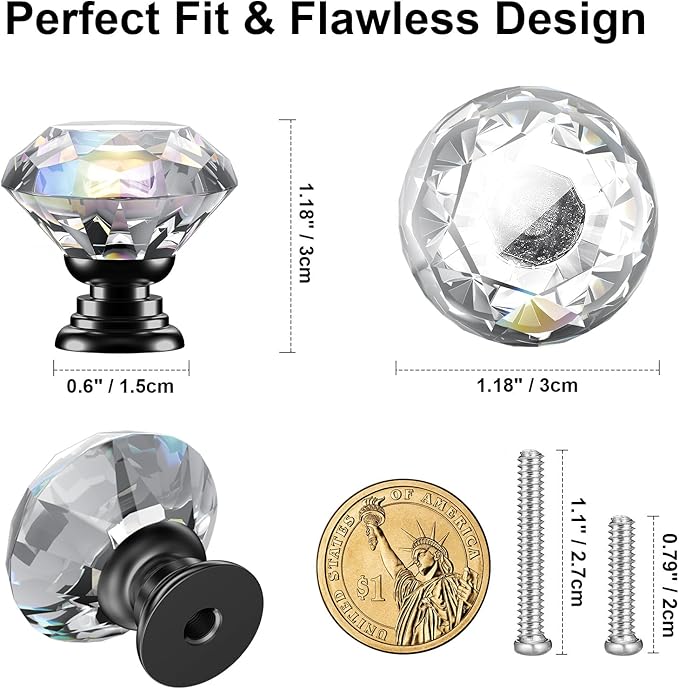 POZEAN Crystal Cabinet Knobs 12Pack, 1.18inch Dresser Knobs for Cabinet, Drawer with Two Different Sizes Screws, Diamond Glass Pulls Handles (30mm, 12Pack, Clear-Black)