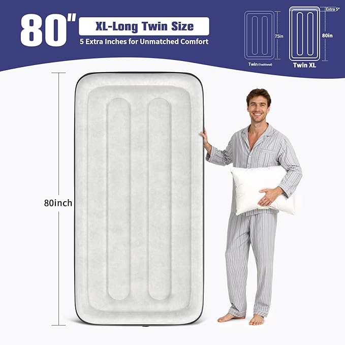 Twin XL Air Mattress with Built in Pump Raised,80" Long,Upgraded 18''Inflatable Mattress,Self Inflatable Blow Up Mattress in 2 Mins,Twin Size Air Mattress with Carry Bag for Home,Camping