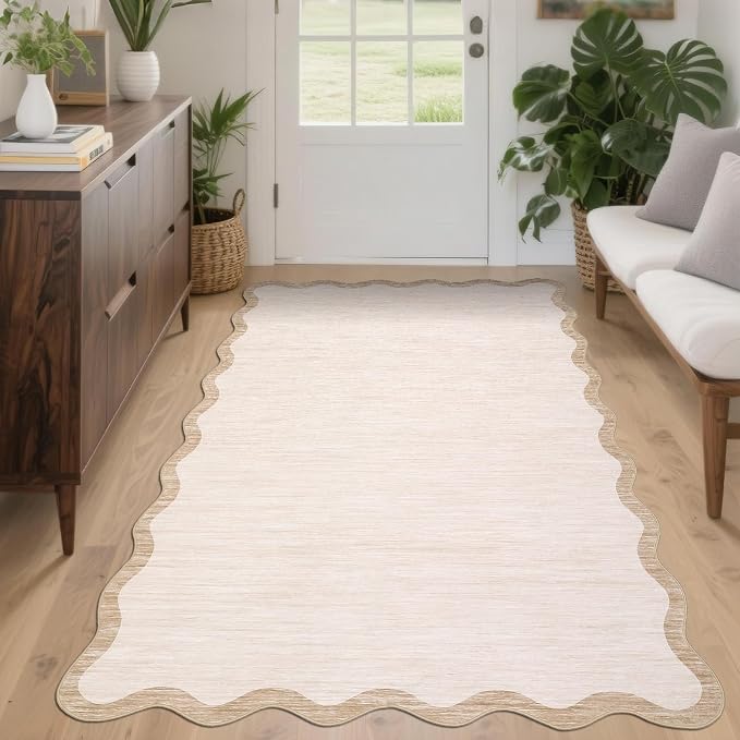 GarveeHome Scalloped Washable Rug 3x5 Beige Living Room Area Rug Non Slip | - Image 3