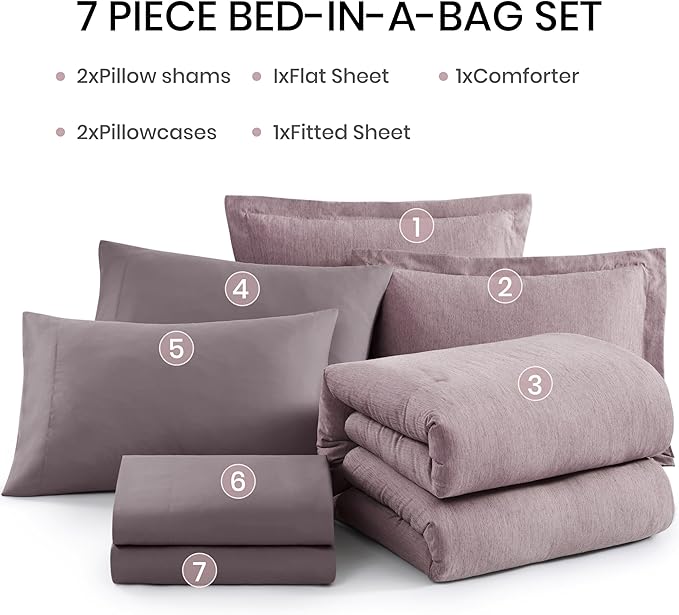 Monbix King Size Comforter Set, Lilac King Size Bedding Set Reversible, King Comforter Set 7 Pieces, Cationic Dyeing Bed in a Bag with Comforter, Sheets, Pillowcases & Shams