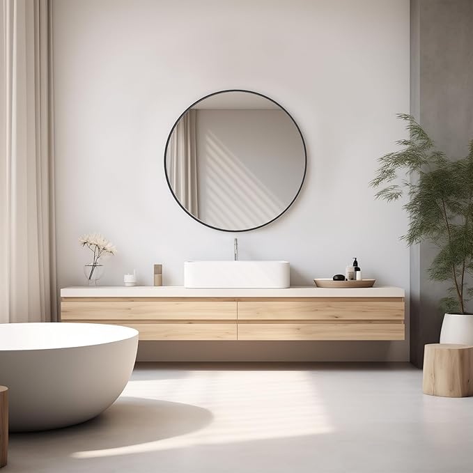 DUMOS Black Circle Mirror for Wall 24.02 inch, Bathroom Round Mirror for Over Sink, Bathroom, Entryway, Bedroom, Vanity