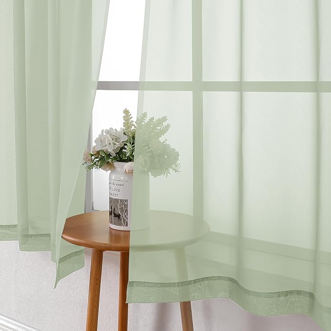 Light Green Sheer Curtains 54 Inch Length 2 Panels, Voile Bedroom Curtains - Image 8