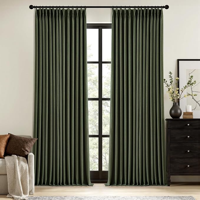 MIULEE Olive Green Pinch Pleated 100% Blackout Linen Curtains 40x84 Inches | by MIULEE