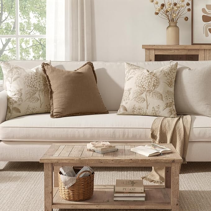 Set of 2 Decorative Floral Pillow Covers 22x22 Inch Tan Beige | Neutral - Image 4