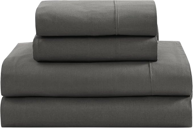 LANE LINEN 100% Organic Cotton 3Pc Bed Sheets Twin Size, Classic Percale Weave, Soft & Comfy Fully Elasticized Naturally Cooling Cotton Sheets, Low Pill Machine wash Twin Sheet Set- Charcoal