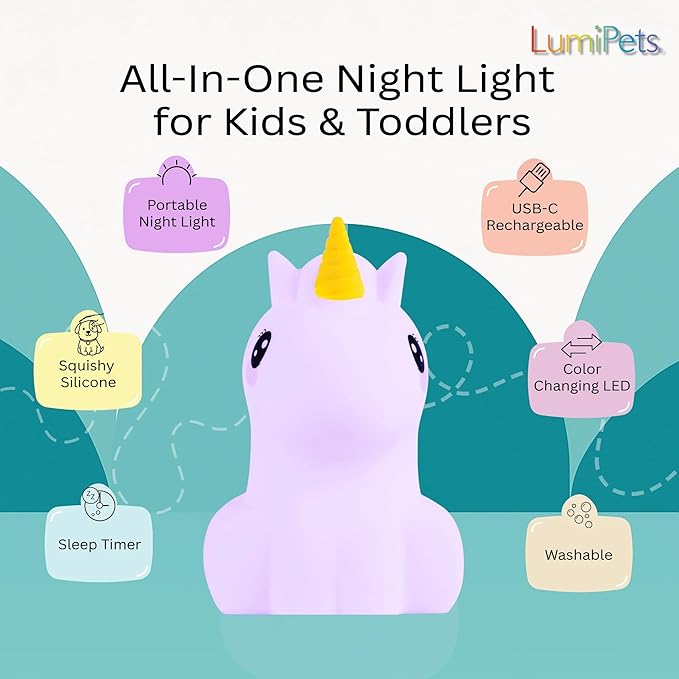 Lumipets Remote Control Silicone Night Light for Kids - Unicorn Design with 9 Soft Colors & Sleep Timer - Rechargeable, Battery-Operated Lamp for Bedroom | Baby Nursery, Toddler, Girls, Boys