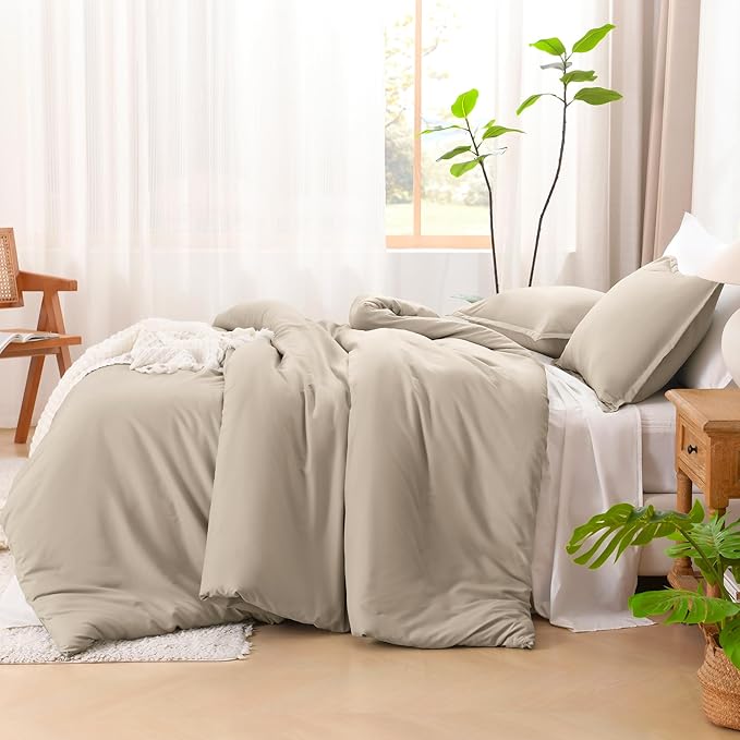 Litanika Khaki Comforter Set Queen Size, 3 Pieces Solid Bedding Comforter Set, All Season Down Alternative Bed Set (90x90In Comforter & 2 Pillowcases)