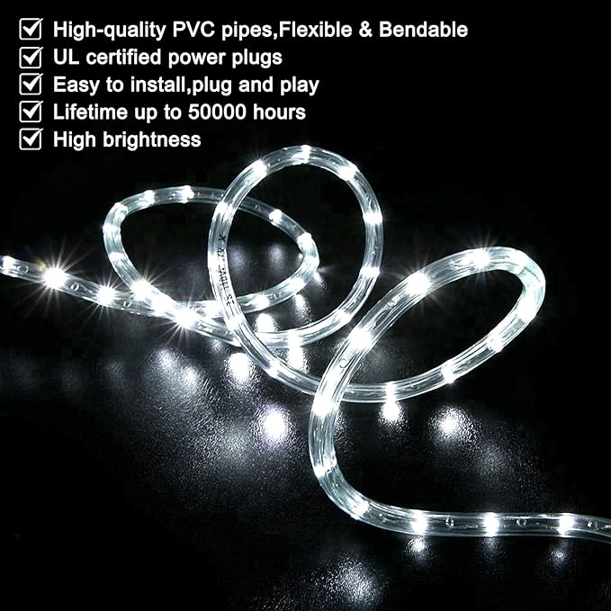 SURNIE Rope Lights Outdoor Waterproof Daylight White: LED 18FT Cuttable Outside Bright 110V Lighting 6000K Flexible Cool Clear Tube, Indoor Deck Patio Xmas Camping Decor, Not Flat Strip