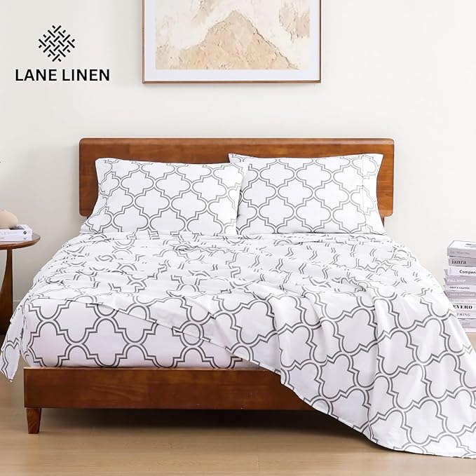 LANE LINEN 100% Organic Cotton Full Sheets Set Fully Elasticized Naturally Temperature Regulating Mercerized Cotton Printed Full Bedding & Pillowcases Set - Trellis