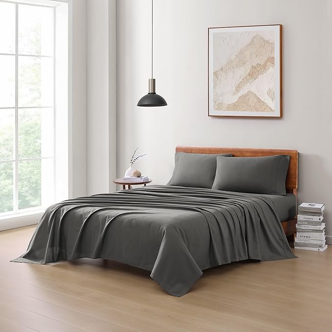 LANE LINEN 100% Organic Cotton 3Pc Bed Sheets Twin Size, Classic Percale Weave, Soft & Comfy Fully Elasticized Naturally Cooling Cotton Sheets, Low Pill Machine wash Twin Sheet Set- Charcoal