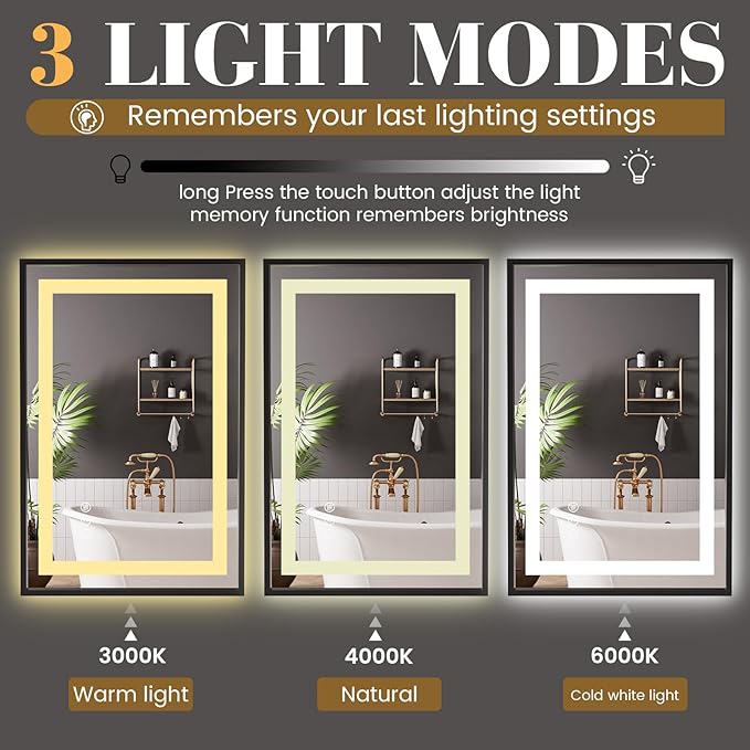 LED Bathroom Mirror,30"x36" Mirror with Black Frame, Front Light and Backlit, Stepless Dimmable, Anti-Fog, Shatter-Proof, Memory, 3 Colors, Double LED Vanity Mirror
