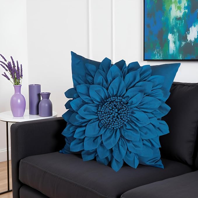 Navy Blue Accent Flower Decorative Throw Pillow Covers - Image 3