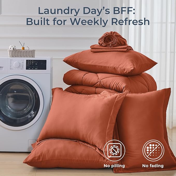HEVUMYI Burnt Orange Full Comforter Set - 7-Piece All Season Bed in a Bag Full, Ultra Soft Bedding Set with Comforter, Flat Sheet, Fitted Sheet, Pillowcases, Pillow Shams