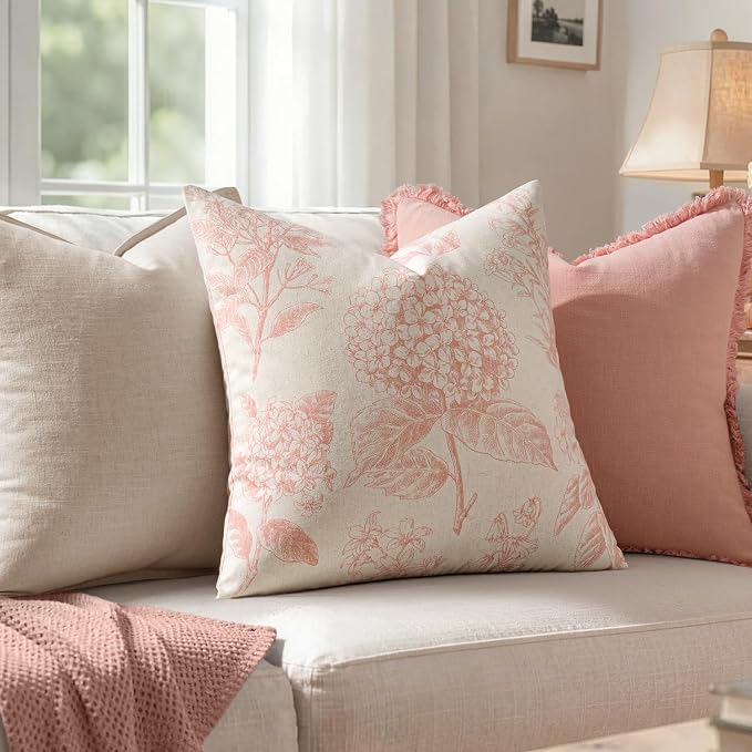 Set of 2 Decorative Floral Pillow Covers 18x18 Inch Light Pink | Neutral - Image 3