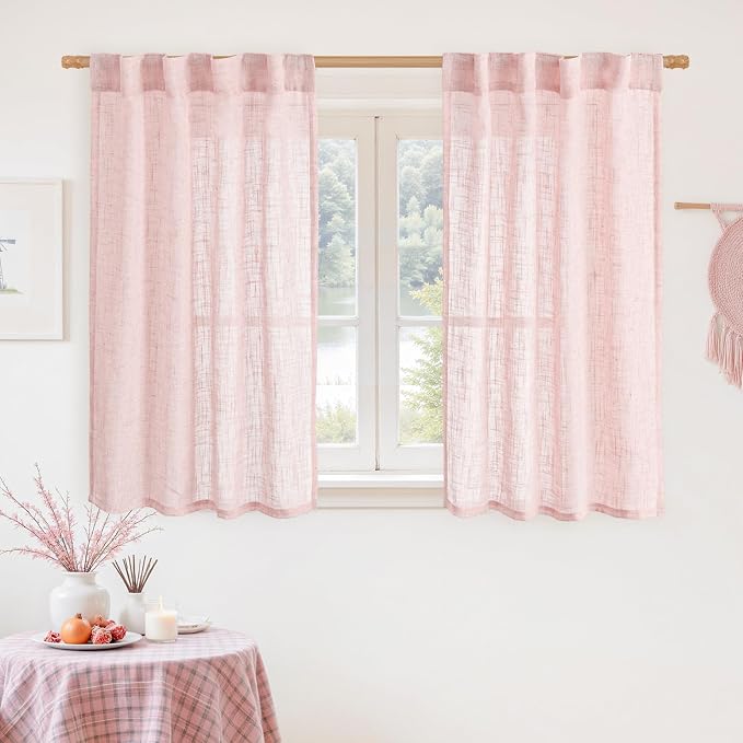 40 Inch Length Linen Curtains for Small Windows Over Silk 2 Panels | Semi Sheer by LAMIT