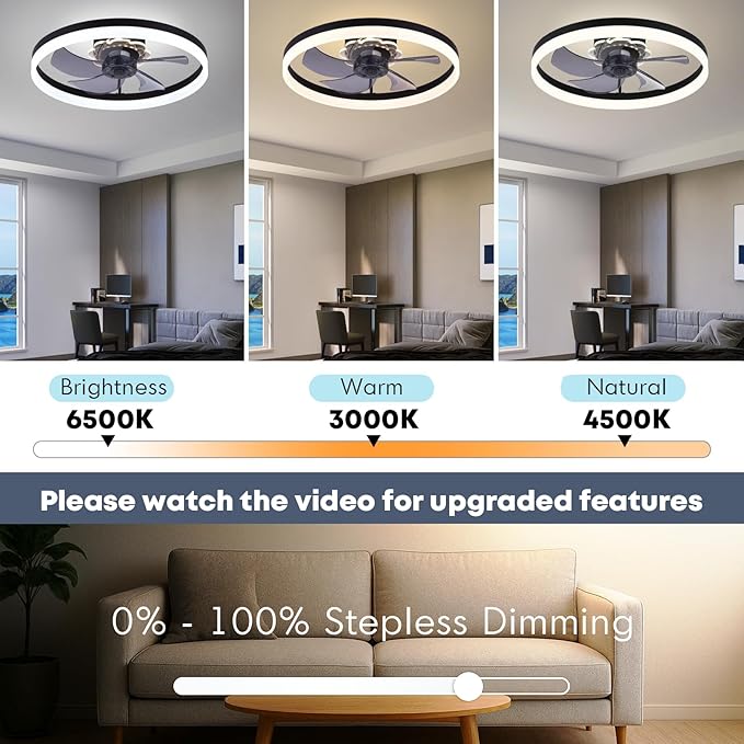 20'' Ceiling Fan with Light, Upgraded Low Profile Fan, Flush Mount Ceiling Fan, 6 Speeds, Dimmable LED, App & Remote Control, Quiet DC Motor, for Bedroom, Living Room, F115 Black