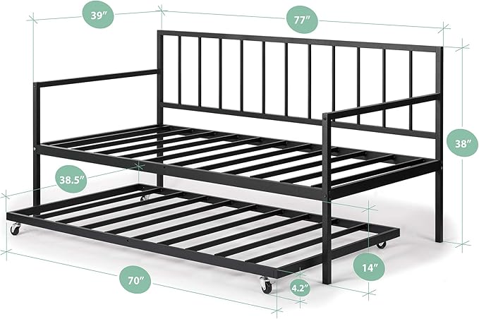 ZINUS Eden Metal Daybed with Trundle, Mattress Foundation with Steel Slat Support, Easy Assembly, Twin