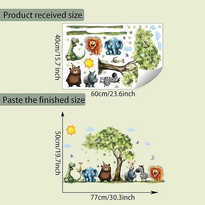 Jungle Animal Wall Stickers Forest Safari Wall Decals Kid Room Nursery Baby Bedroom Décor (Tree Cartoon Animals)