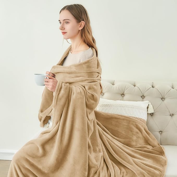 BEDELITE Fleece Blanket Soft Plush Queen Bed Blanket Light Camel 90"x90" | - Image 9