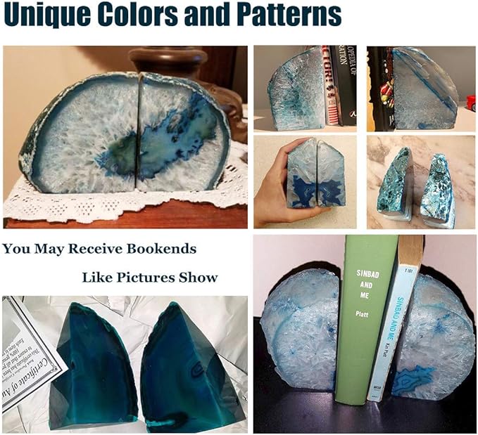 AMOYSTONE Bookends Agate Decorative Book Ends for Shelves Heavy Duty Crystal Stone Bookends Dyed Teal with Rubber Bumpers 1 Pair, 3-4 LBS
