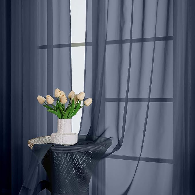 Navy Blue Sheer Curtains 63 Inch Length 2 Panels, Rod Pockets Window Treatments - Image 8