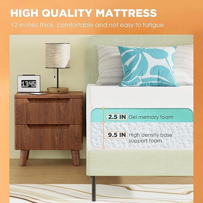 PayLessHere King Mattress 12 Inch Gel Memory Foam Mattress with Breathable & Washable Soft Fabric Zippered Cover,Supportive & Pressure Relief Bed Mattress,CertiPUR-US Certified,White，Fiberglass Free