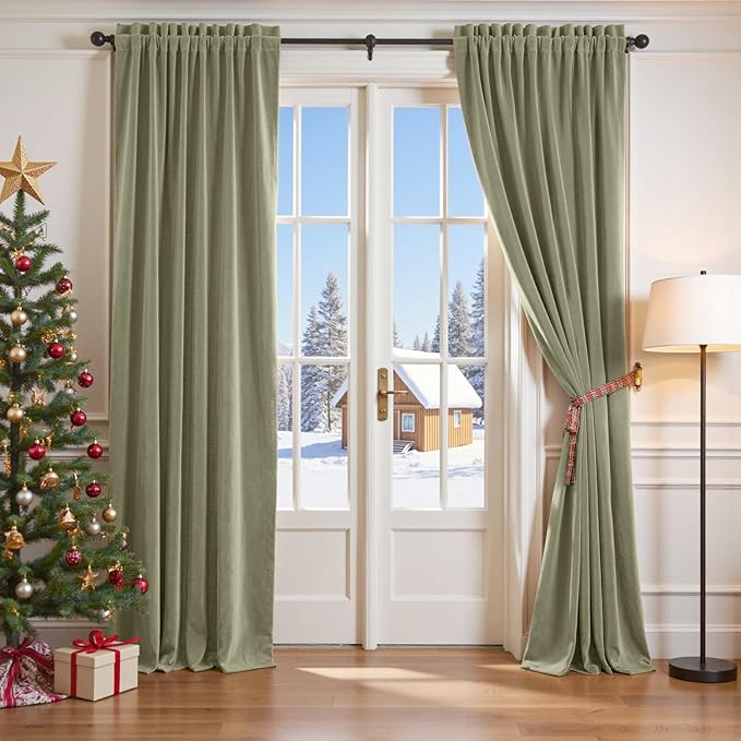 Lazzzy Velvet Blackout Curtains Thermal Insulated Room Window Drapes Super Soft Luxury Curtains for Living Room Bedroom Rod Pocket 2 Panels, Olive Sage, 42" W x 90" L