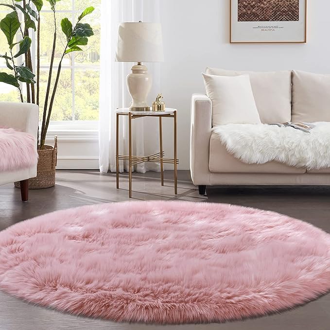Pink 5'X5' High Pile Shag Rug, Fluffy Round Rug - Image 7