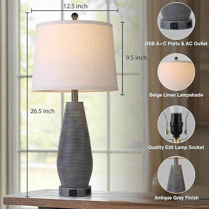 Farmhouse Table Lamps Set of 2 with USB C+A Ports and AC Outlet, 3 Way Touch Rustic Bedside Lamps for Living Room, 26.5" Grey Vintage Lamps for Bedroom Nightstand