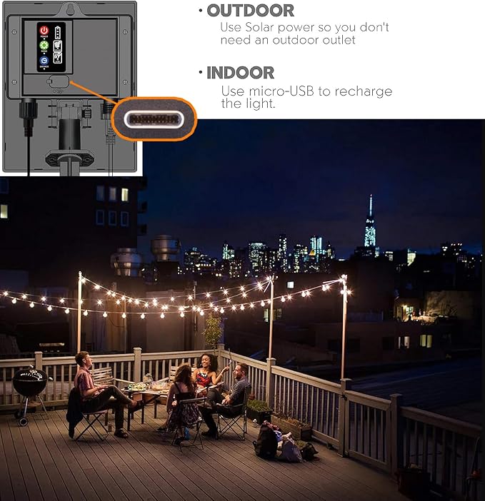 Solar String Lights Waterproof LED Indoor/Outdoor Hanging Umbrella Lights with 30 Bulbs - 50 Ft Patio Light for Deckyard Tents Market Cafe Gazebo Porch Party Decor